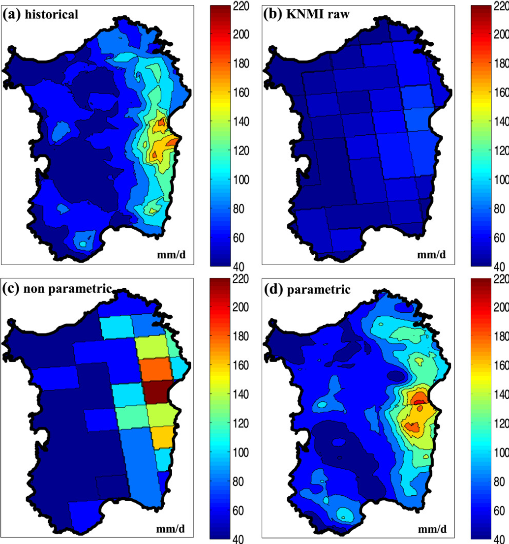 Rainfall intensity estimates (mm/d) at return period level T = 5 years. Observations and different products are shown.