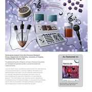 A graphic showing a soundboard and computer monitors being used to link a vial (being measured by a microphone) with and electrochemical flask. Music and open circuit potential measurements (graphs) link the two.