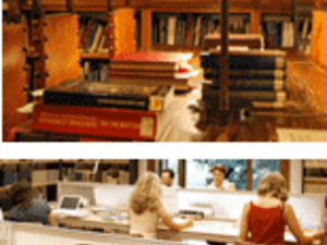 An image of a library, and a table of people studying