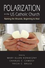 Cover of Polarization in the Catholic Church with image of white priest's hands holding broken Eucharistic host