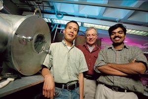 Amorphous steel discovered by, from left, physicist Joe Poon, materials scientist Gary Shiflet, and materials physicist Vijayabarathi Ponnambalam could revolutionize the steel industry.