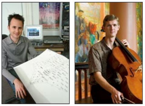 Two approaches to composition: Peter Traub, at left with his score, used the Internet to create new sounds; cellist Adam Gustafson turned to historical instruments.