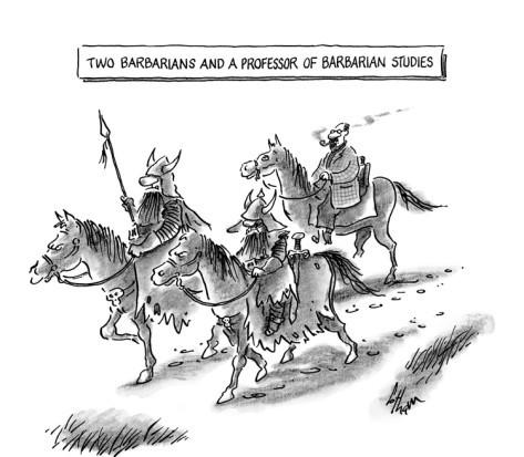Frank Cotham cartoon depicting two "barbarians" and a professor who studies them