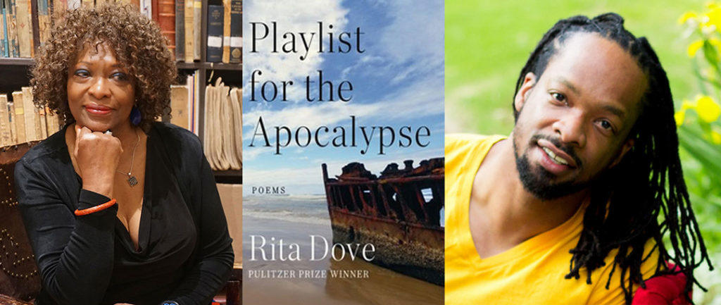 Composite photo (from left to right) of Rita Dove, the cover art for her new book Playlist for the Apocalypse, and Jericho Brown