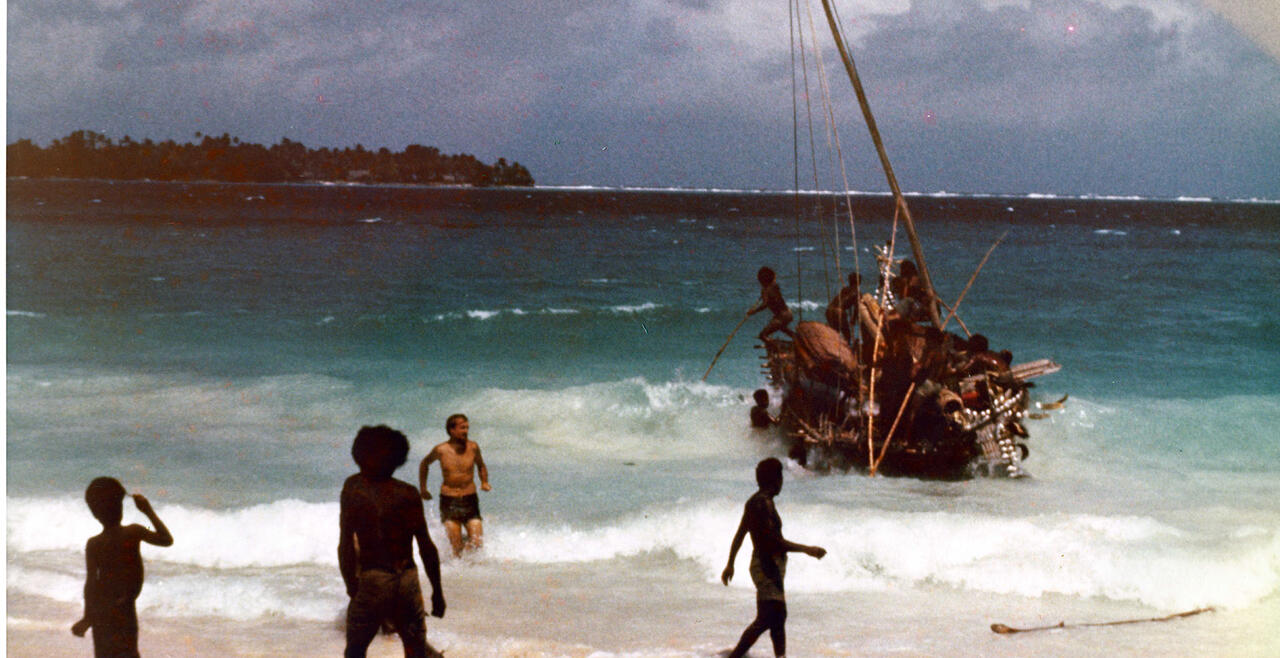 1973-5, participating in the launch of an anageg, the outrigger boat form that climaxes TREES, KNOTS AND OUTRIGGERS.