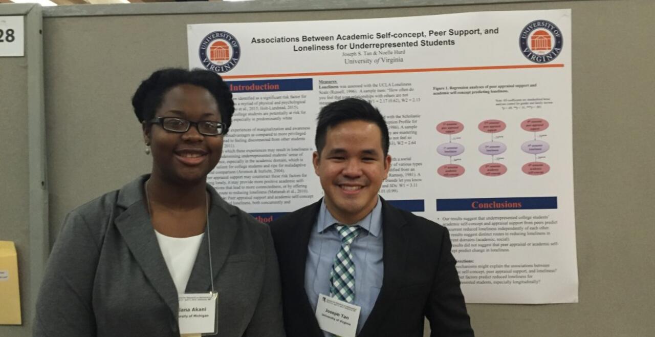 A photo graduate students Briana Akani and Joey Tan presenting at the Society for Research on Adolescence 2016 conference