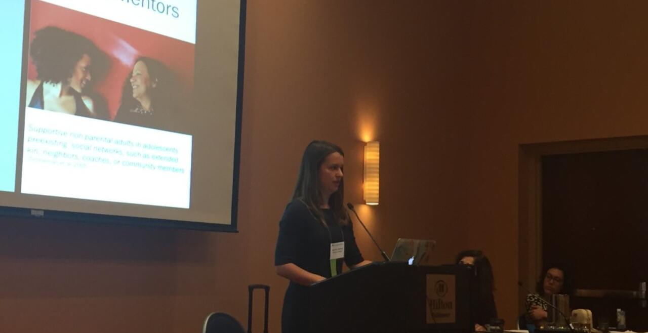 A photo of graduate student Audrey Wittrup presenting at the Society for Research on Adolescence 2016 Biennial Meeting