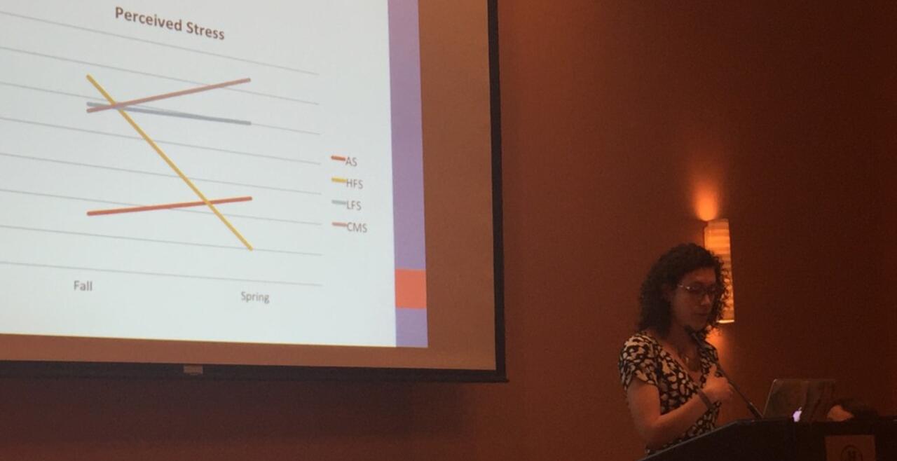 A photo of graduate student Jamie Albright presenting at the Society for Research on Adolescence 2016 Biennial Meeting
