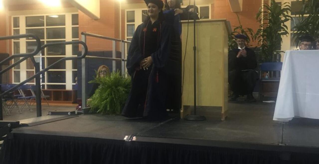 A photo of Saida Hussain and Dr. Noelle Hurd at Saida's graduation (hooding ceremony) Spring 2016