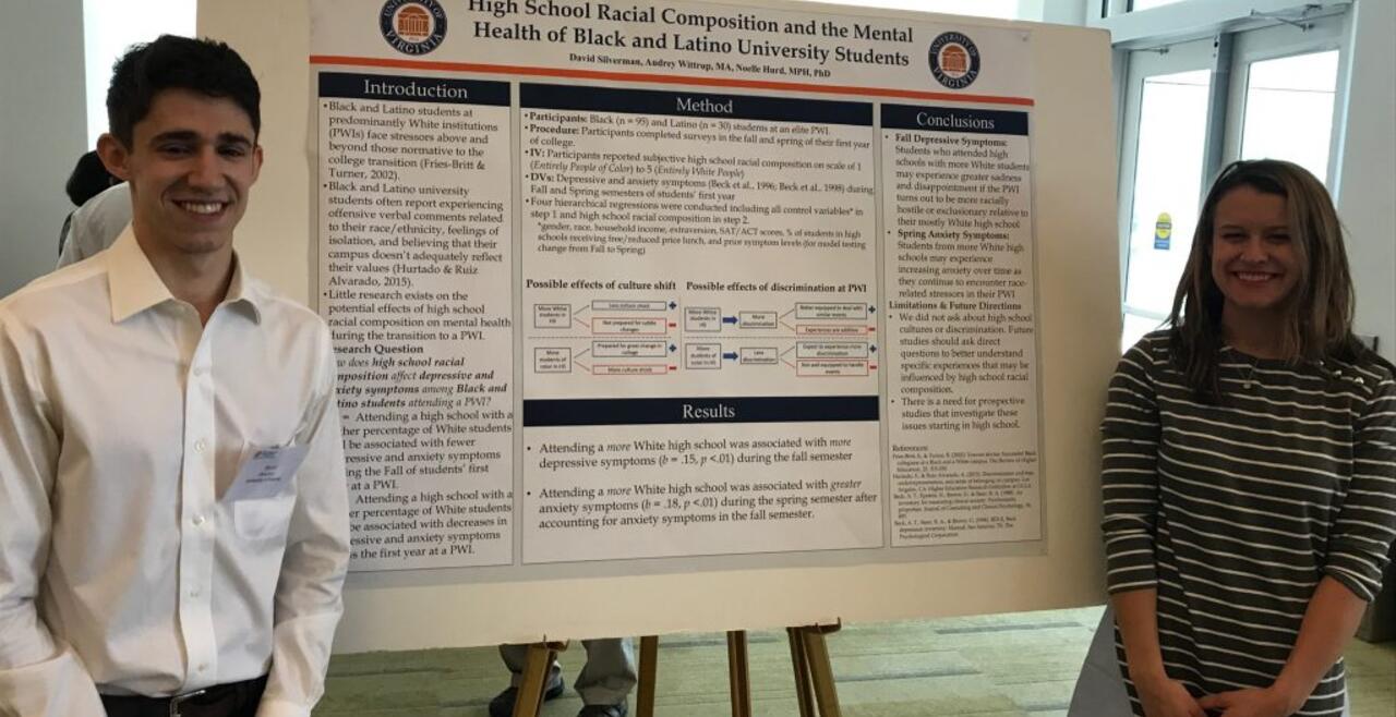 A photo of David Silverman presenting his Distinguished Majors Program Thesis with his graduate student mentor (Audrey Wittrup) Spring 2017