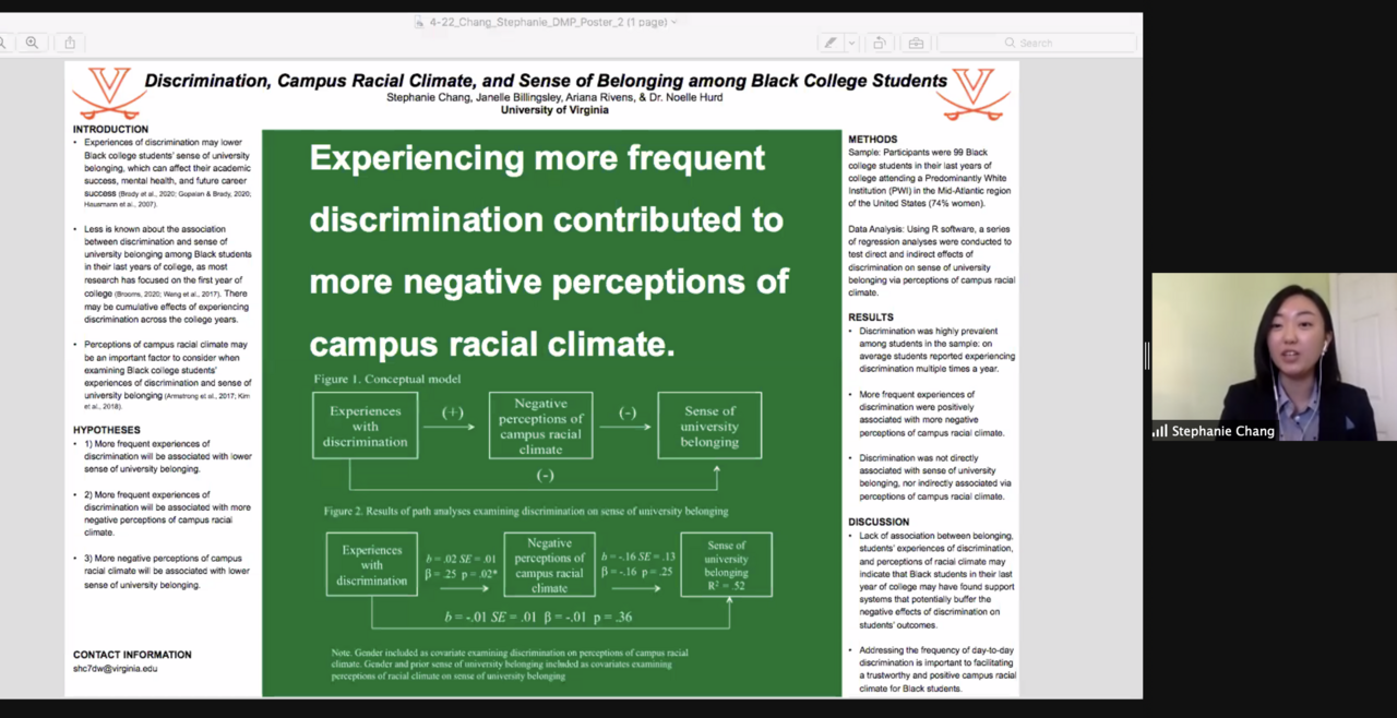 A photo of Stephanie Chang presenting her research on Zoom