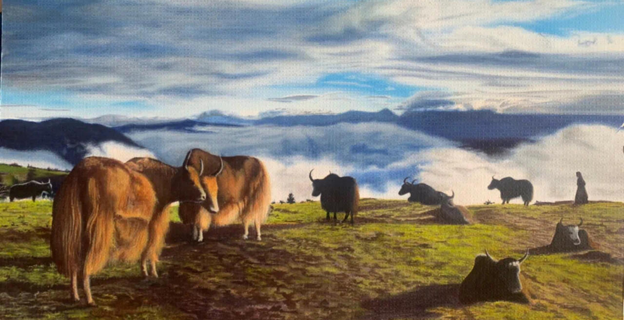 A painting of yaks on a field