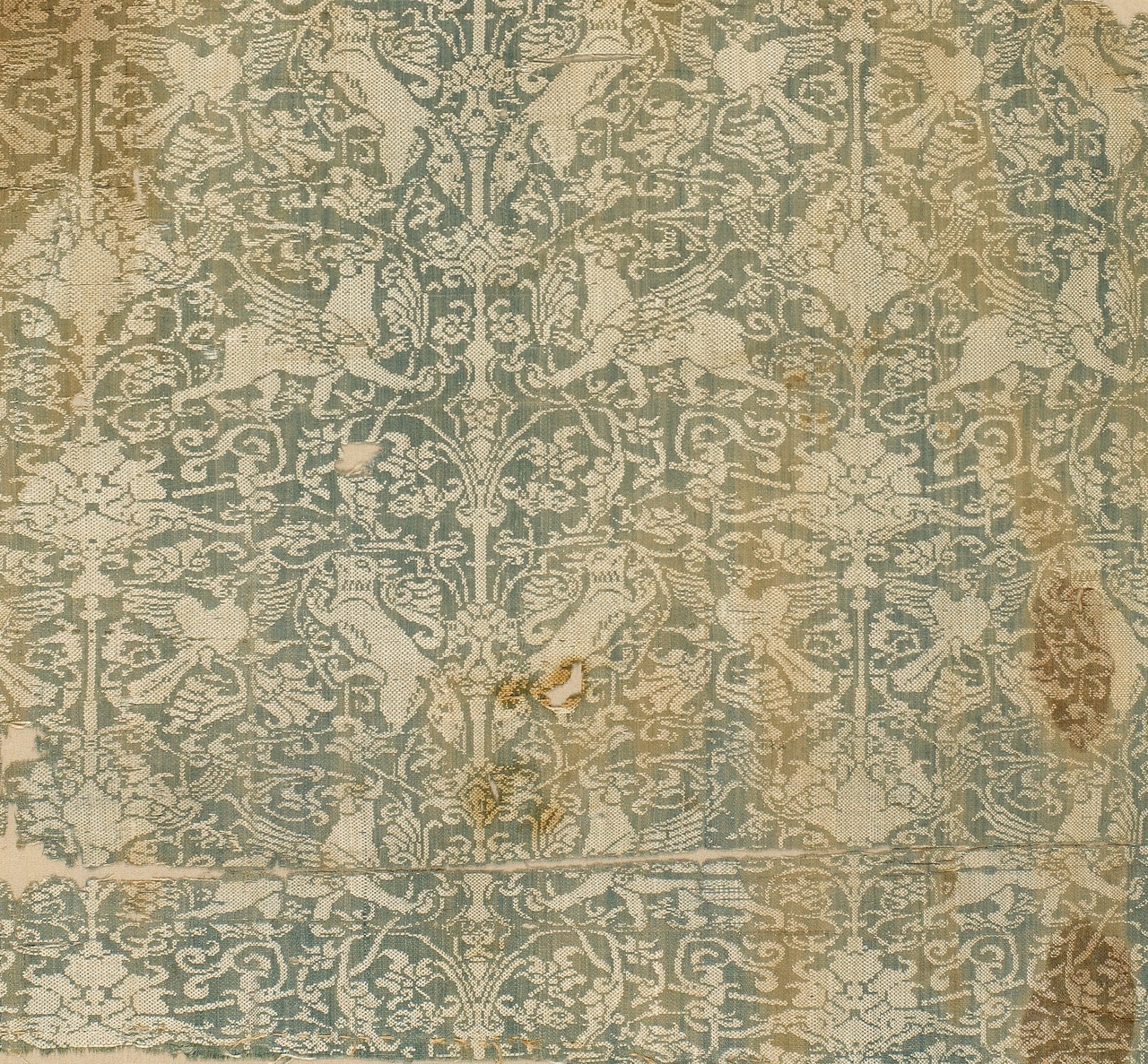 Silk textile with birds, griffins, and foxes