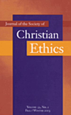 Cover of the Journal of the Society of Christian Ethics with orange and purple color blocks